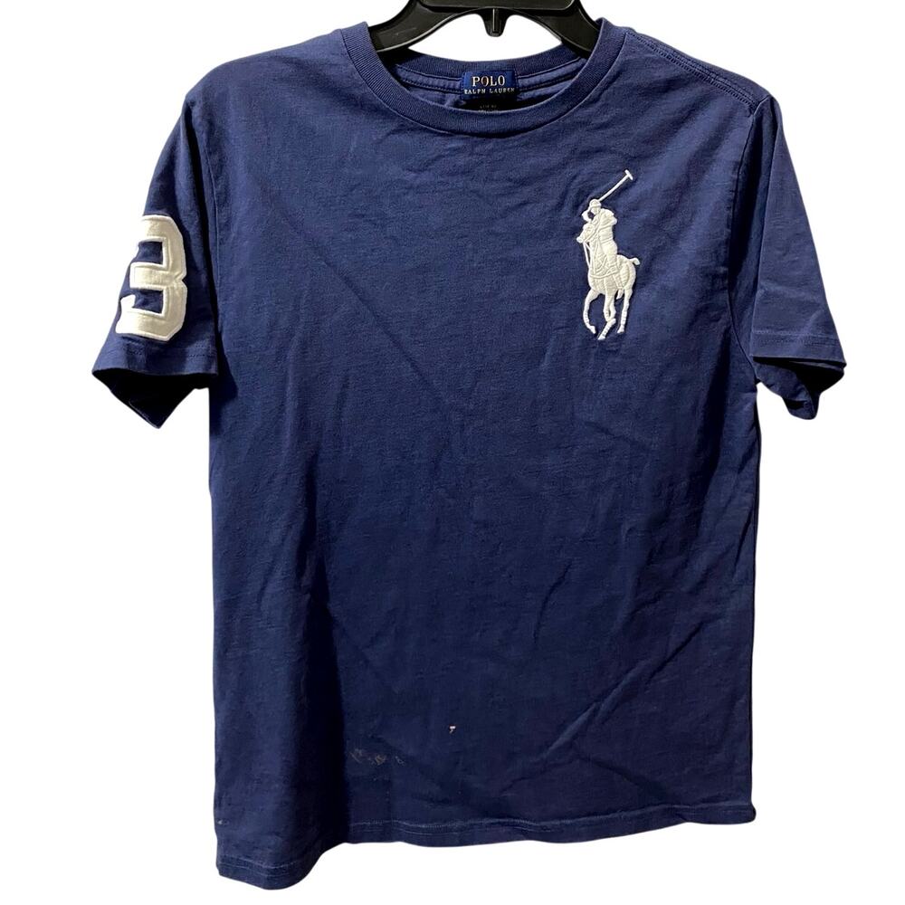 POLO RALPH LAUREN BIG PONY SHIRT — Navy Blue & White Graphic Tee Boys L 14-16